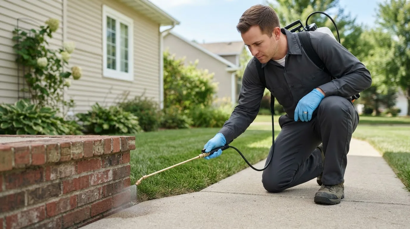 Pest control technician treating a home near Danville, VT
